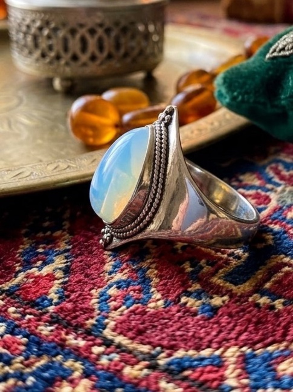 Moonstone Luminescence Teardrop Statement Ring Boho Glam Mystical Fairycore - Picture 3 of 4